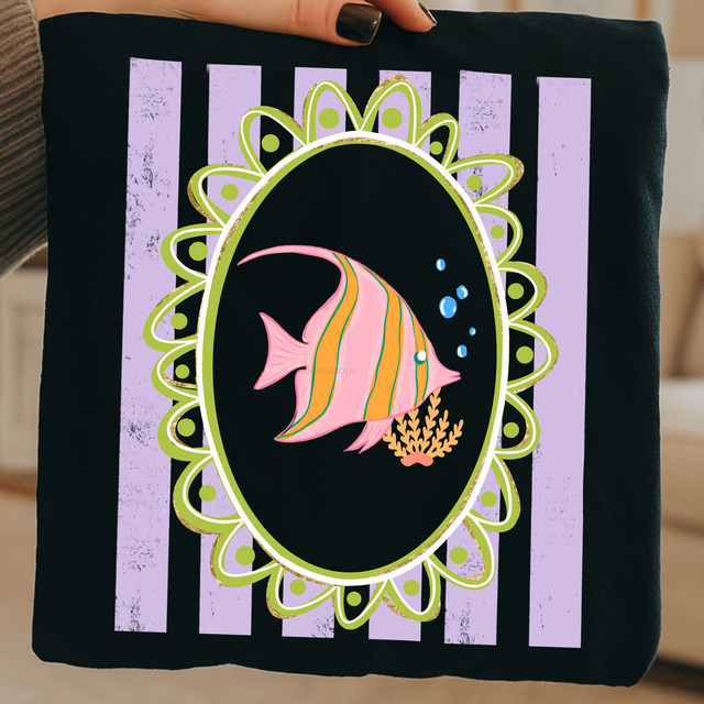 Tropical Striped Fish DTF Heat Transfer, colorful tropical fish illustration on black fabric with purple stripes in the background.
