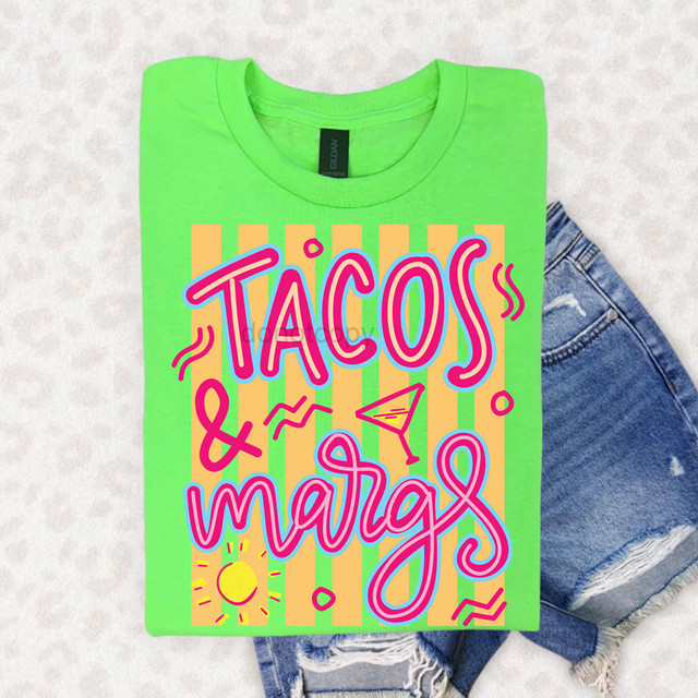 Tacos & Margs Stripes DTF Heat Transfer, colorful design on a bright green t-shirt with summer-themed illustrations and bold text.