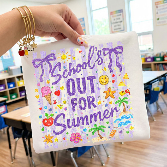 Schools Out For Summer Doodle DTF Heat Transfer, colorful hand-drawn summer-themed design on a fabric tote bag.