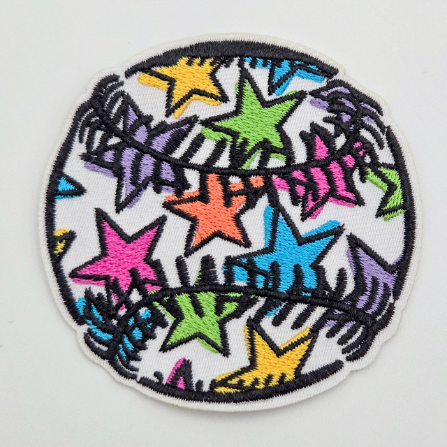 Colorful Stars Baseball/Softball Embroidered HAT/POCKET Patch, round patch with multicolor embroidered stars in pink, green, blue, yellow, orange, and purple on a white background.