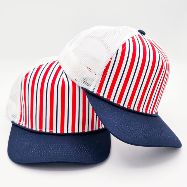 Navy & Red Stripe Structured Cotton Trucker Hat – Fully Adjustable Boutique Blank Cap