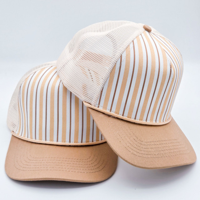 Neutral Stripe Structured Cotton Trucker Hat – Fully Adjustable Boutique Blank Cap, beige and white striped design with mesh back and adjustable strap.