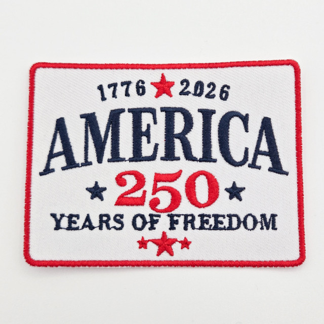 America 250 Embroidered Patriotic Statement Patch for Custom Hats, white fabric patch with red border, featuring navy blue and red embroidered text and stars.