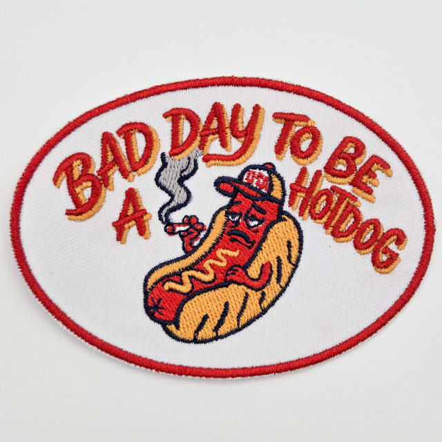 “Bad Day to Be a Hotdog” Embroidered Hat Patch – Funny Statement Patch for Custom Hats & Boutiques