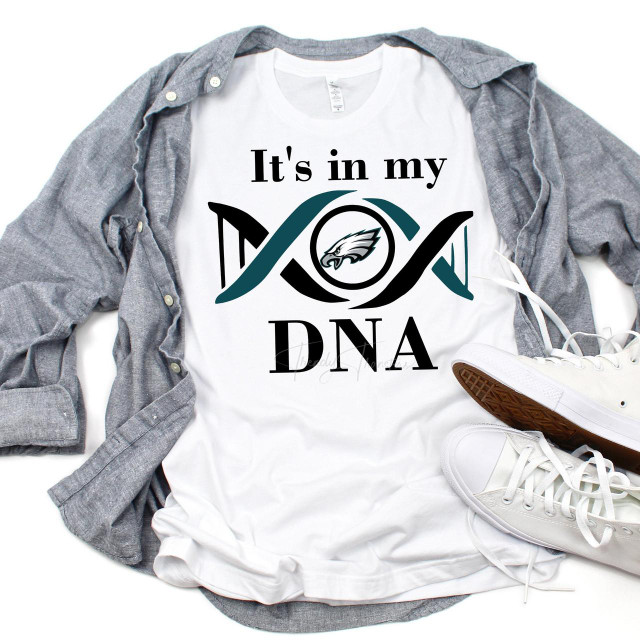 Eagles It's in My DNA Sublimation Transfer, graphic T-shirt with eagle and DNA strand design displayed with sneakers and a gray shirt.