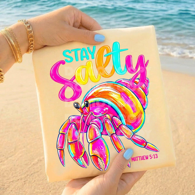 Stay Salty DTF Heat Transfer, colorful crab and beach-themed design on fabric.