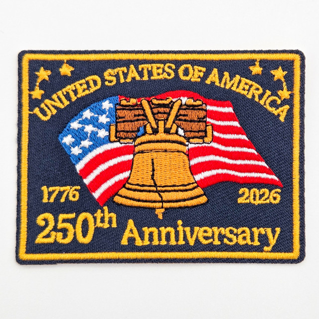 USA 250th Anniversary Embroidered Hat Patch, commemorative embroidered patch featuring the Liberty Bell, American flag, and stars for the United States' 250th anniversary from 1776 to 2026.