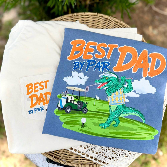 Best Dad By Par Gator SET DTF Heat Transfer, colorful graphic design featuring a cartoon alligator dressed like a golfer with a golf club, golf cart, and golf course background.