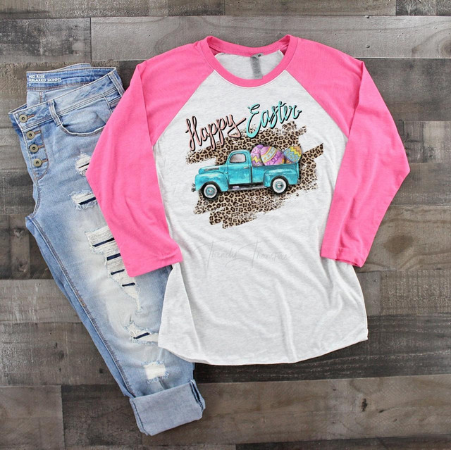 Vintage truck Easter Teal Leopard Sublimation Transfer, product image showing a graphic design on a long sleeve shirt featuring a teal truck with Easter eggs, leopard print background, and the text 'Happy Easter'.