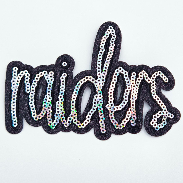 Raiders Sequin & Black Glitter Mascot Hat Patch, black glitter patch with the word 'Raiders' outlined in shiny sequins.