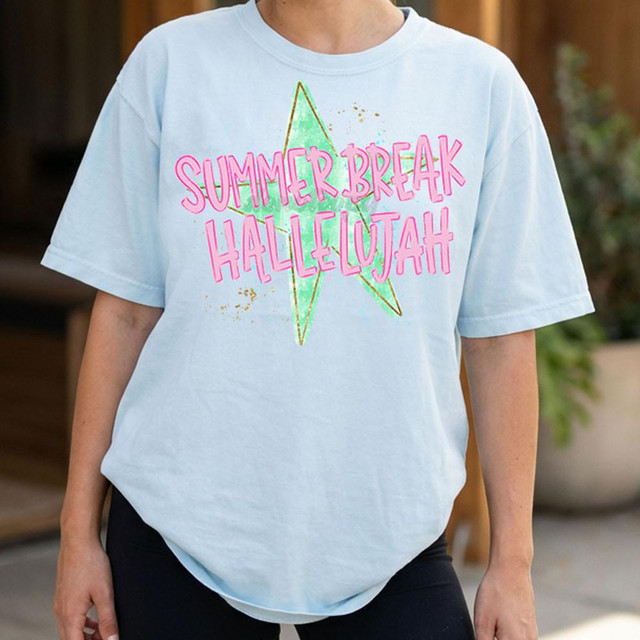Summer Break Hallelujah DTF Heat Transfer, colorful summer-themed text design on a light blue T-shirt.