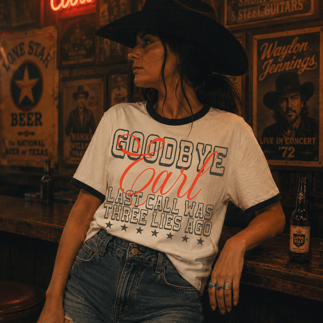 Goodbye Earl DTF Heat Transfer, woman wearing a white T-shirt with red and black graphic text in a rustic bar setting.