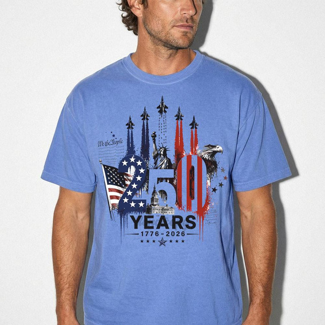 250 Years Jets DTF Heat Transfer, patriotic celebration graphic on a blue T-shirt featuring American flags, bald eagle, and fighter jets for the 250th anniversary of the United States.