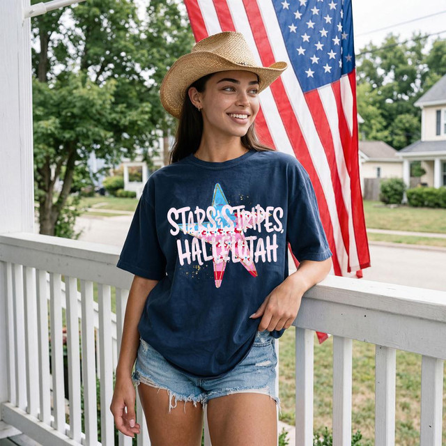 Stars & Stripes Hallelujah DTF Heat Transfer, a woman wearing a navy T-shirt with patriotic star and flag design with the text 'Stars & Stripes Hallelujah' and a straw hat, standing outside on a porch with American flag in the background.