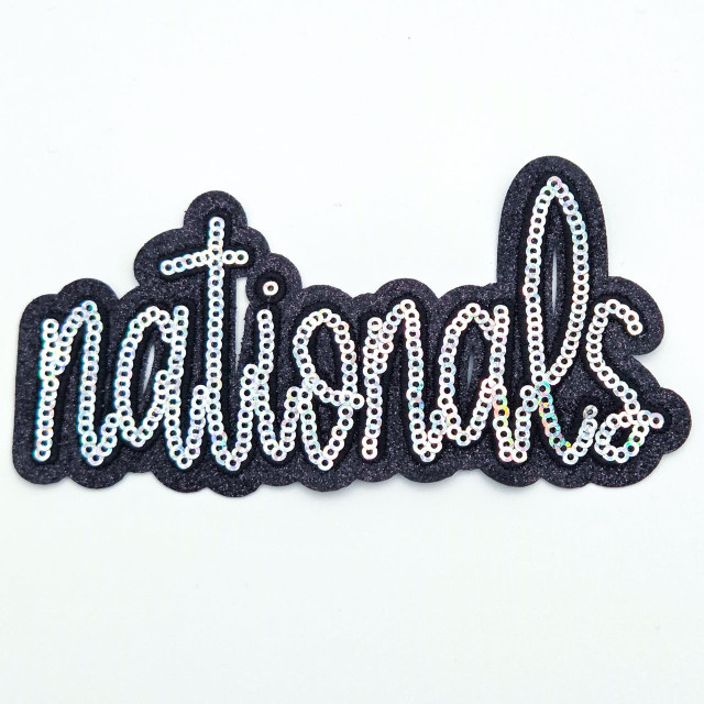 Nationals Sequin Glitter Hat Patch – 5 Inch Wide, decorative hat patch with the word 'nationals' outlined with shiny sequins and glitter edges suitable for sports or event hats.