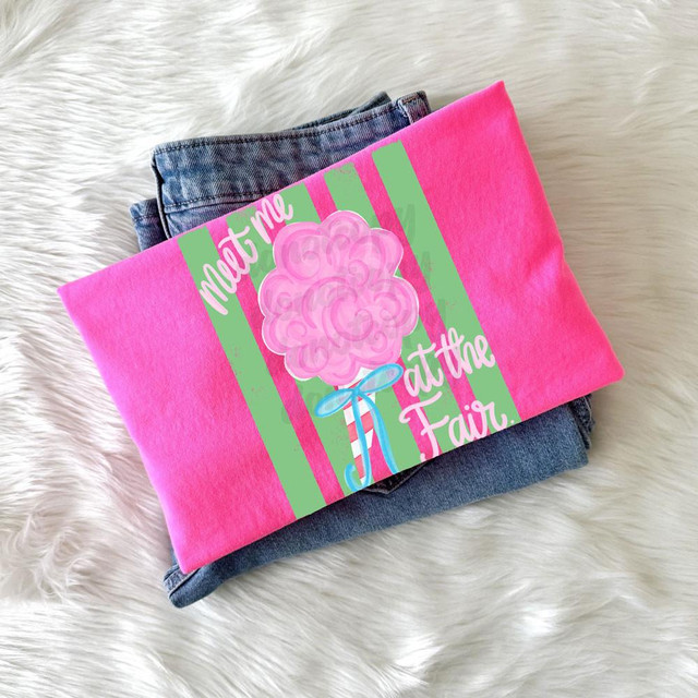 Meet Me At The Fair DTF Heat Transfer, pink cotton fabric with cotton candy graphic and striped green and pink background.