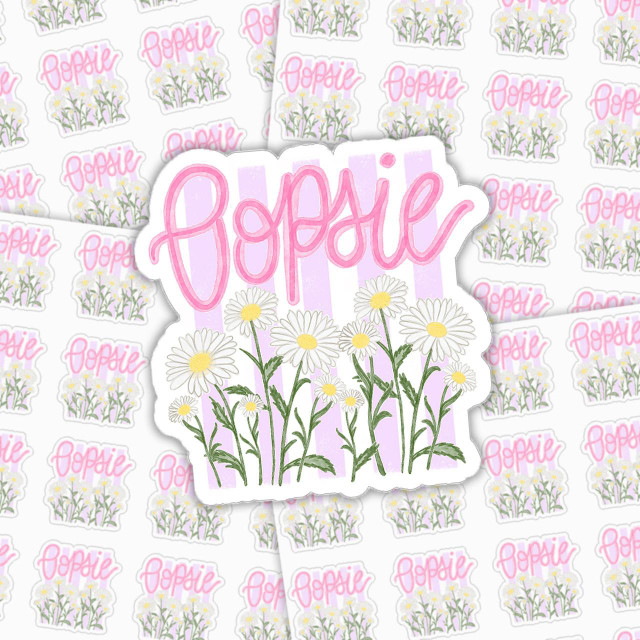 Oopsie Daisy Vinyl Sticker Sheet, waterproof and weatherproof with daisies and the word 'Oopsie' in pink script.