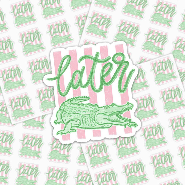 Later Gator Vinyl Sticker Sheet – Waterproof & Weatherproof, featuring green crocodile and pastel pink and white striped background with 'later' written in cursive.