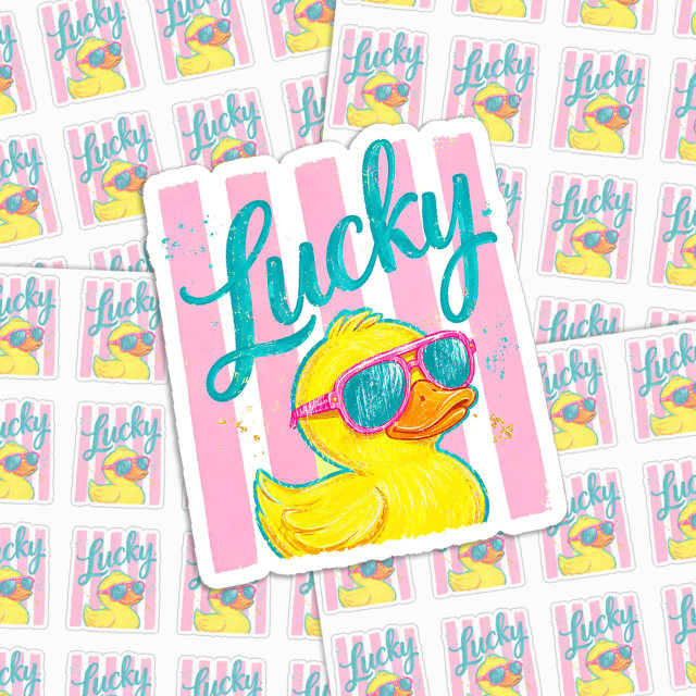 Lucky Rubber Duck Vinyl Sticker Sheet, waterproof and weatherproof with a yellow duck wearing sunglasses on a pink striped background.