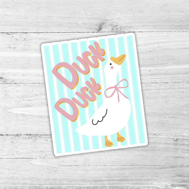 Turquoise Stripe Duck Duck Goose Die Cut Vinyl Sticker, playful design of a white duck with a pink bow and the words 'Duck Duck' in pink lettering.