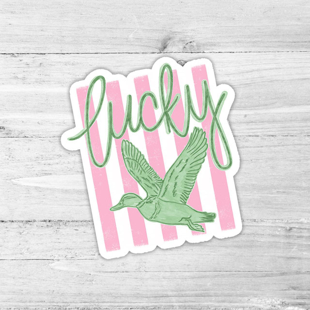 Lucky Duck Die Cut Vinyl Sticker, green duck illustration with pink and white striped background.