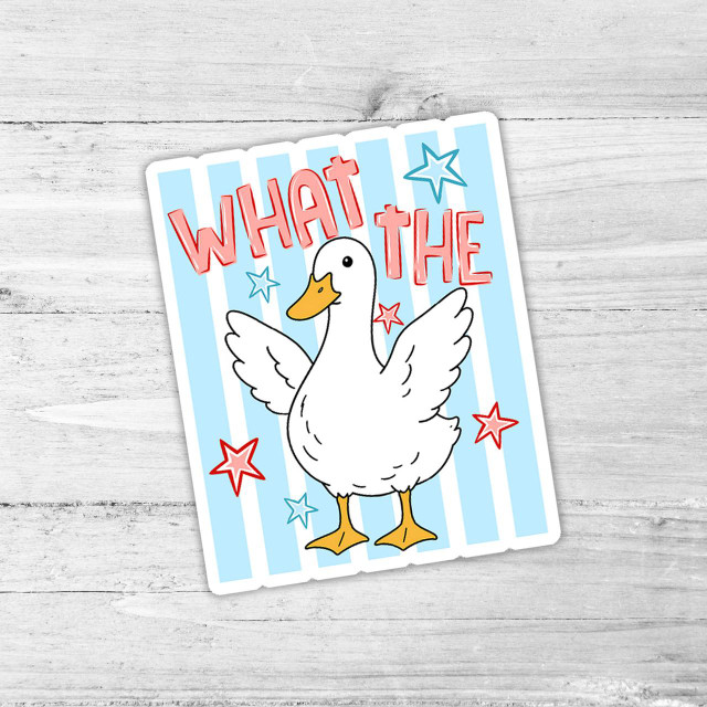 What the Duck Die Cut Vinyl Sticker, colorful cartoon duck with wings spread, and playful text reading 'What the' surrounded by stars on a striped background.
