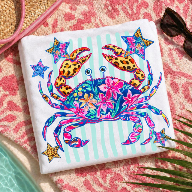 Preppy Floral Crab DTF Heat Transfer, colorful crab design with floral patterns and star accents on a white fabric.