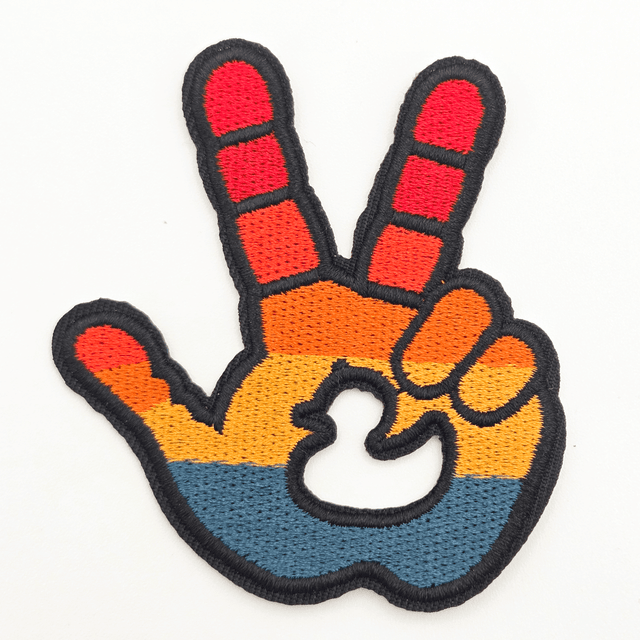 Jeep Wave Embroidered Hat Patch – 3" x 3", colorfully designed patch of a hand making a peace sign with rainbow colors and black border.