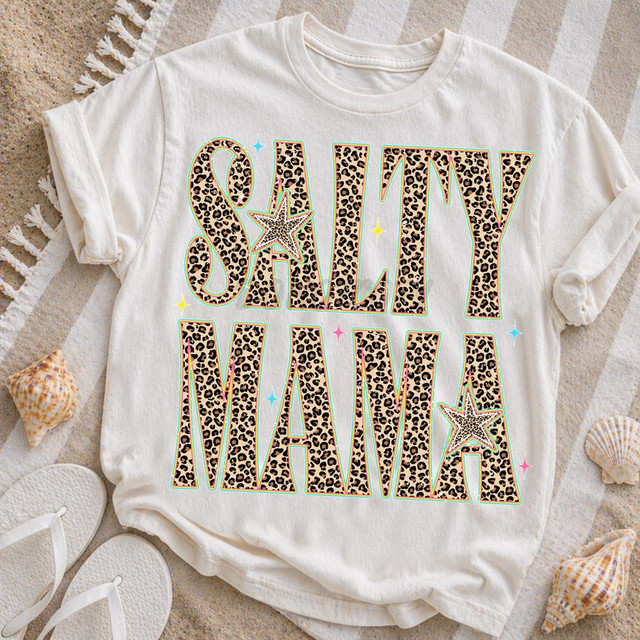 Leopard Salty Mama DTF Heat Transfer, printed on a white T-shirt.