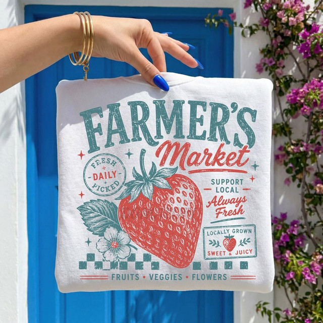 Farmer's Market DTF Heat Transfer, an image of a white fabric with a colorful strawberry and text design promoting local farm-fresh produce, displayed against a bright blue background with pink flowers.