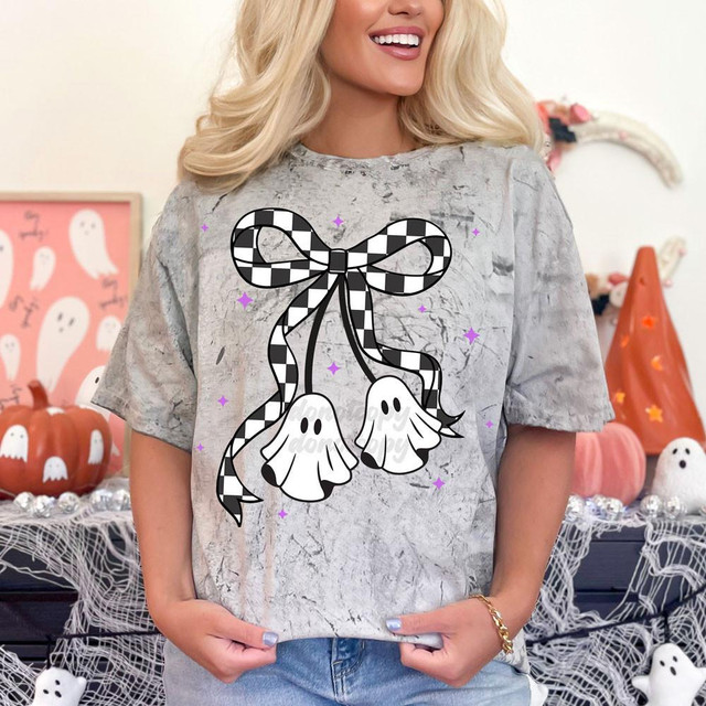 Checkered Bow Ghosts DTF Heat Transfer, Halloween-themed ghost design with a checkered bow on a woman's T-shirt.