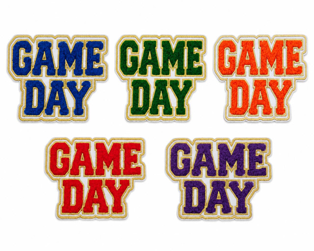 Game Day Chenille Hat Patch – Embroidered Varsity Style Patch, colorful embroidered patches with 'Game Day' text in blue, green, orange, red, and purple, with gold and white borders.