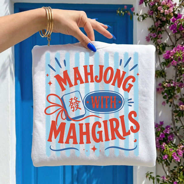 Mahjong With Mahgirls DTF Heat Transfer, decorative t-shirt with colorful graphic design.