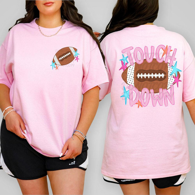 Retro Touch Down Stars SET DTF Heat Transfer, pink T-shirt with football-themed decals and colorful star accents.