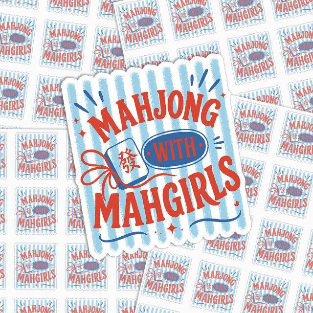 Mahjong with Mahgirls High-Quality Vinyl Sticker Sheets, colorful sticker sheet with Mahjong with Mahgirls logo and design.