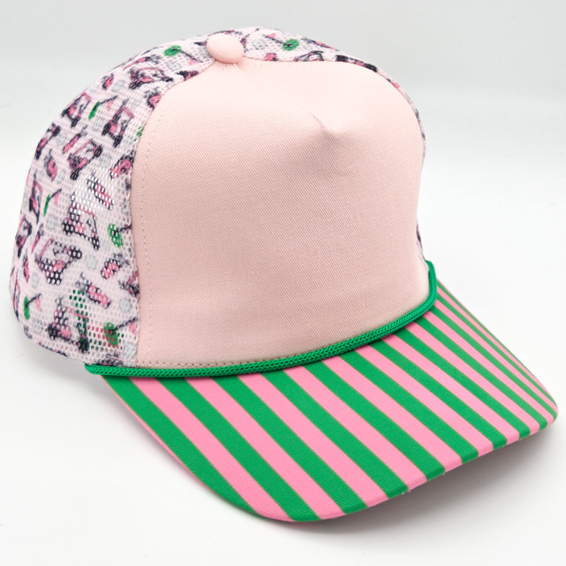 Pink & Green Striped Bill Golf Mesh Cotton Hat