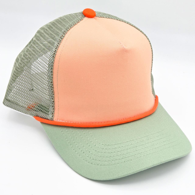 Peach, Sage Green & Orange Colorblock Mesh Trucker Hat, a sporty baseball cap featuring peach front panels, a sage green curved brim, and a green mesh back with orange accents.