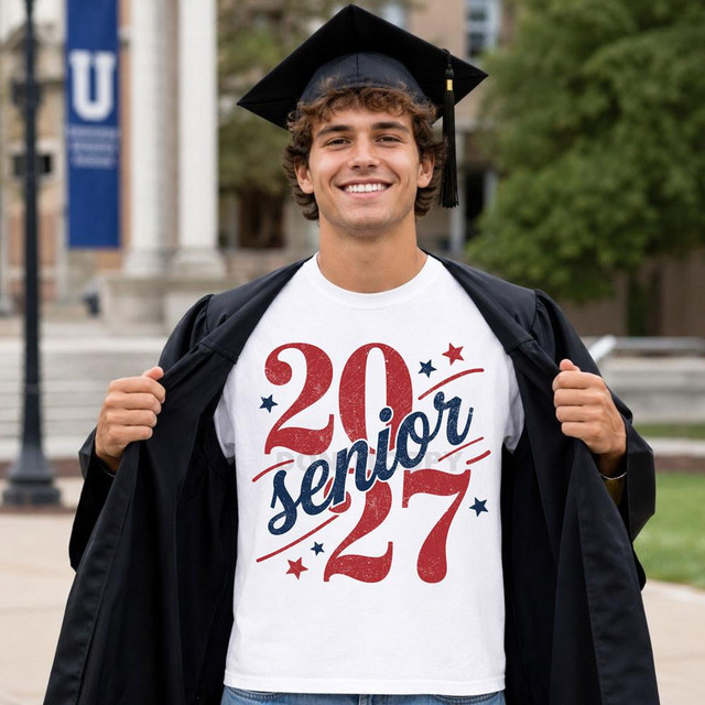 Senior 2027 DTF Heat Transfer, young graduate wearing a custom printed white t-shirt with '2027 senior' design and smiling outdoors.