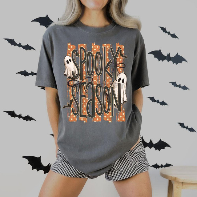 Spooky Season Polka Dot Stripes DTF Heat Transfer, Halloween-themed T-shirt with ghost illustrations and spooky text design.