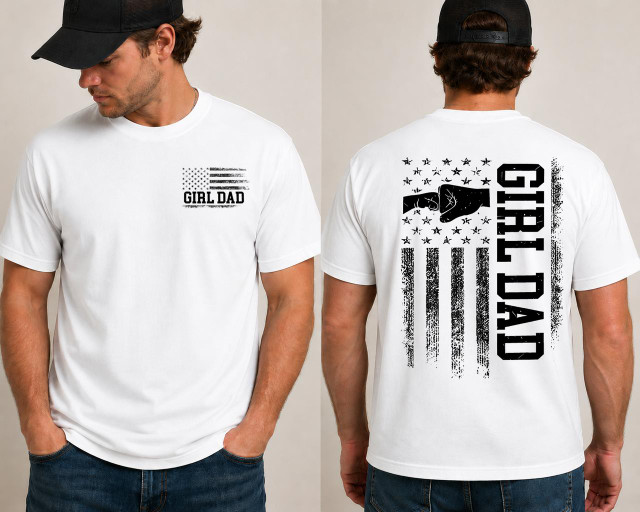 Girl Dad SET DTF Heat Transfer, white T-shirt featuring American flag design with 'GIRL DAD' text on front and back, black graphic heat transfer for custom apparel.