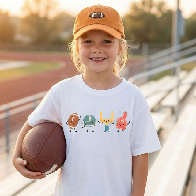 Happy Football Icons DTF Heat Transfer, cute animated football-themed characters on a girl's white t-shirt, at a sports stadium.