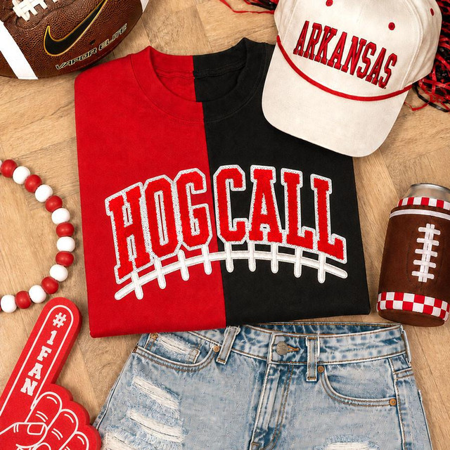 Hog Call Football Laces Embroidered Chenille Patch, football-themed apparel and accessories including a t-shirt with embroidered hog call, a Arkansas cap, a football-shaped drink cozy, and football decor.