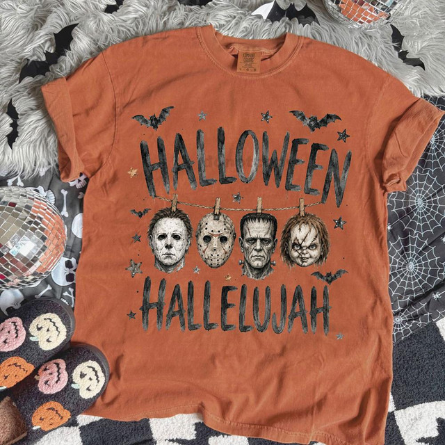 Halloween Hallelujah DTF Heat Transfer T-shirt with spooky characters and Halloween-themed design.