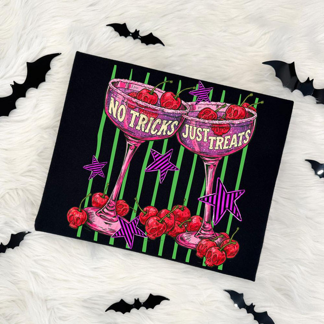 Product No Tricks Just Treats Cocktails DTF Heat Transfer, Halloween-themed heat transfer design featuring two pink cocktail glasses with cherries and purple stars on a black background.