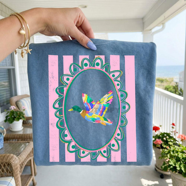 Colorful Mallard Ducks DTF Heat Transfer, vibrant embroidered duck design on denim fabric.