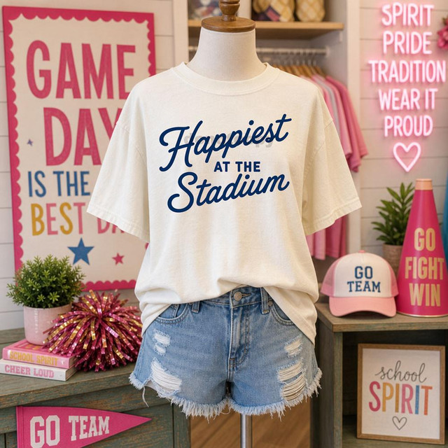Happiest At The Stadium DTF Heat Transfer, white t-shirt with navy blue cursive and block text design displayed on a mannequin in a store setting.