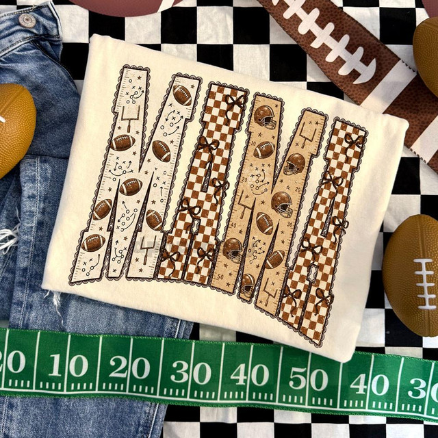 Mama Football Pattern DTF Heat Transfer, designs with footballs and checkered patterns on fabric.