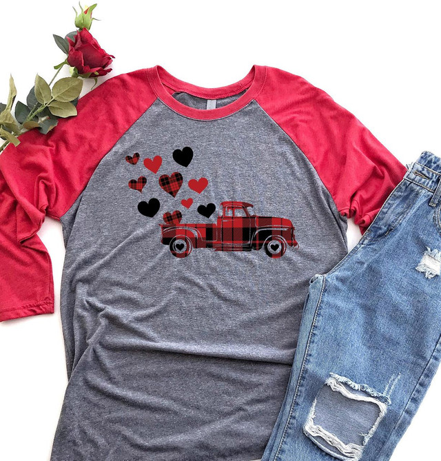Valentines Truck Screen Print Heat Transfer, T-shirt with red truck and hearts design.
