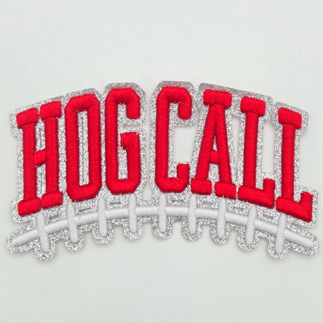 Hog Call Football Puff Embroidered Glitter Hat Patch, red embroidered hog call letters with glitter outline and white embroidered football base.