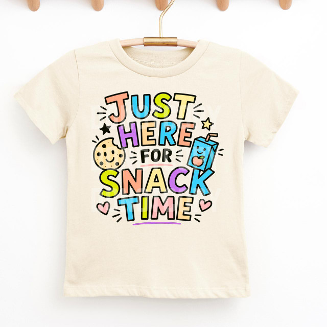 Just Here For Snack Time DTF Heat Transfer, colorfully designed t-shirt with snack-themed artwork.